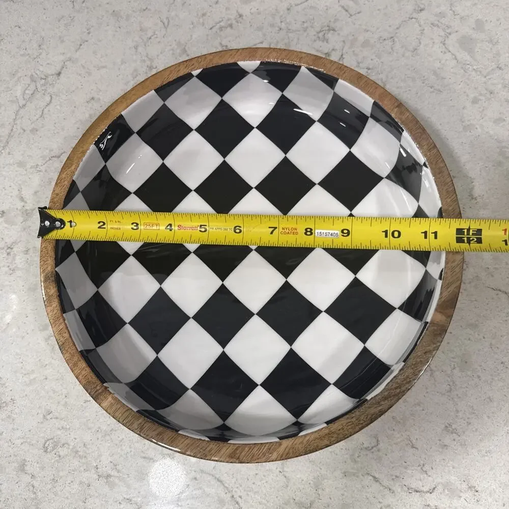 Black White Checker Enamel on Wood 12” Serving Tray / Bowl Enameled Checkerboard